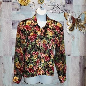 Jordan Bright Floral Multicolor Pleated Career Casual Blouse Fun Sz XL